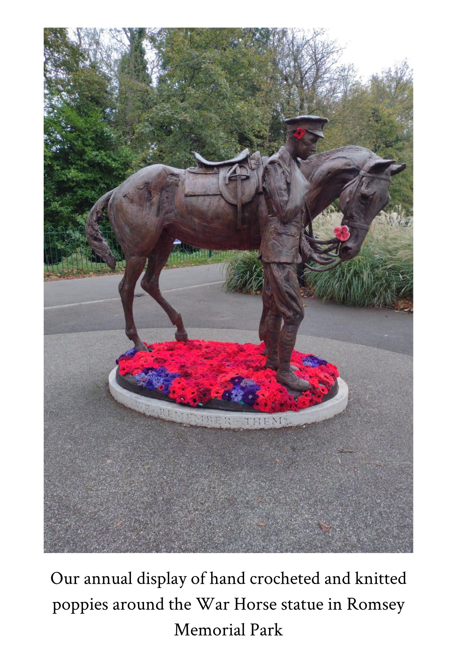 War Horse Statue in Romsey Memorial Park with handmade poppies by Abbotswood Romsey WI